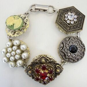 Vintage Button Charm Bracelet Cameo Faux Pearl Rhinestone Mixed Metal Statement